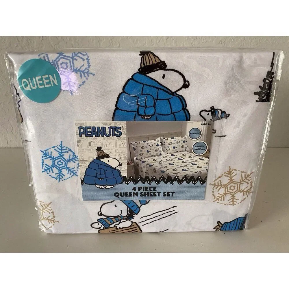 Peanuts Snoopy Puffy Coat QUEEN SZ Sheet Set Christmas Puffer Jacket White‎ Blue